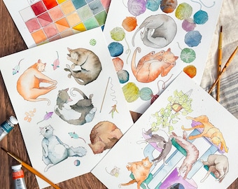 Beginner Watercolor Painting Kit Cozy Cat Theme with Professional Grade Paper, Brushes, Paints and Instructional Video Link