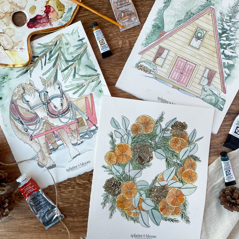 Kit de pintura de acuarela para principiantes, tema de bosques invernales con papel de calidad profesional, pinceles, pinturas y enlace de vídeo instructivo imagen 1