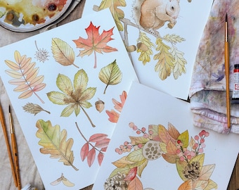 Kit de pintura de acuarela para principiantes, tema de hojas de otoño con papel de calidad profesional, pinceles, pinturas y enlace de vídeo instructivo