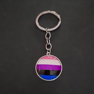 Peut inclure: Un porte-clés argenté avec un charme rond orné d'un motif rayé multicolore. Le charme a un motif de rayures rose, blanc, violet, noir et bleu.