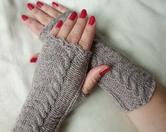 Fingerless Gloves Khaki Mittens for Women Lightweight Hand Knitted Wrist Warmers, Gift for Her