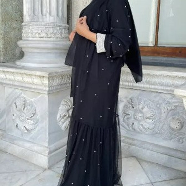 Abaya de l'Aïd en organza avec poignets en perles - Robe longue en résille - Robe de soirée musulmane élégante en perles - Tenue de fête modeste islamique - Abaya de l'Aïd en organza