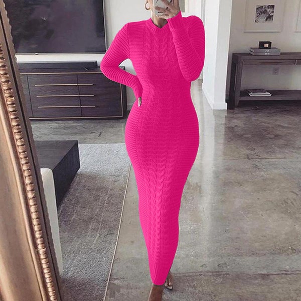 Maxi Knit Bodycon Dress Long Sleeve Cable Knit Dress Bodycon Dress Women's Plus Size Long Sleeve Sweater Dress Plus Size Maxi Sweater Dress
