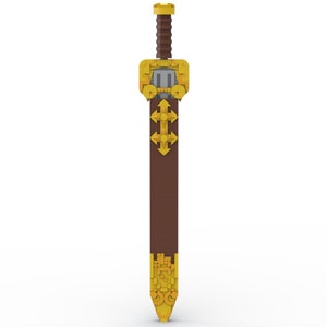 May include: A brown and gold sword with a decorative handle and a pointed tip.