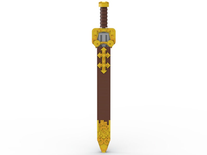 May include: A brown and gold sword with a decorative handle and a pointed tip.