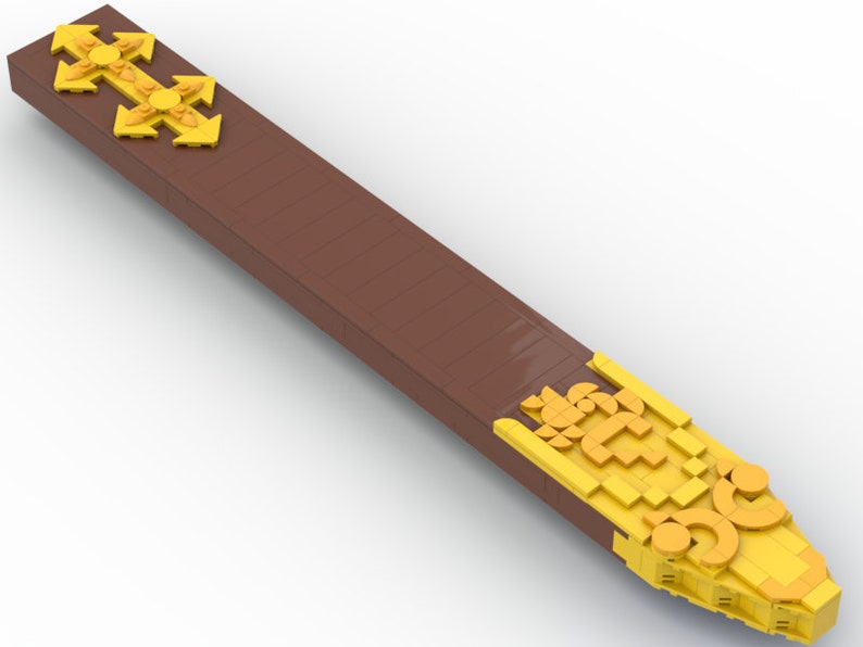 May include: A long, brown wooden stick with gold accents at each end. The accents are made of small, interlocking pieces that form intricate patterns.