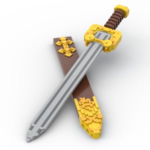 May include: A silver sword with a gold hilt and a brown leather scabbard. The sword is decorated with gold accents and the scabbard has a gold buckle.