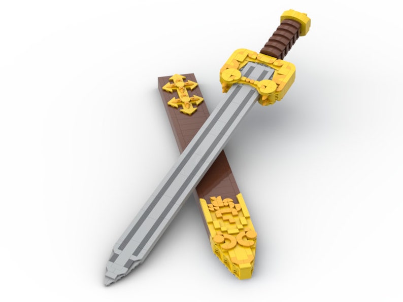 May include: A silver sword with a gold hilt and a brown leather scabbard. The sword is decorated with gold accents and the scabbard has a gold buckle.