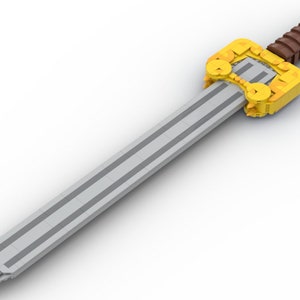 May include: A silver sword with a gold and brown handle. The sword has a double-edged blade and a decorative hilt.