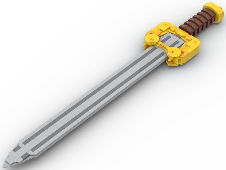 May include: A silver sword with a gold and brown handle. The sword has a double-edged blade and a decorative hilt.