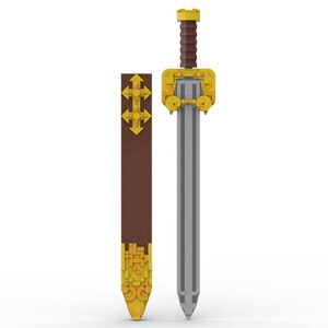 May include: A brown leather scabbard with gold accents and a silver sword with a gold hilt.