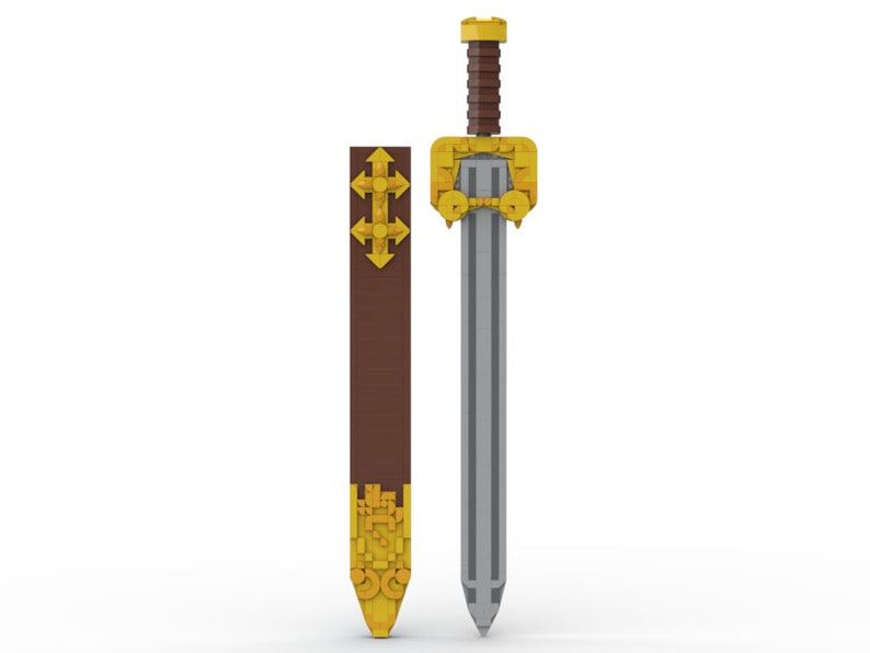 May include: A brown leather scabbard with gold accents and a silver sword with a gold hilt.