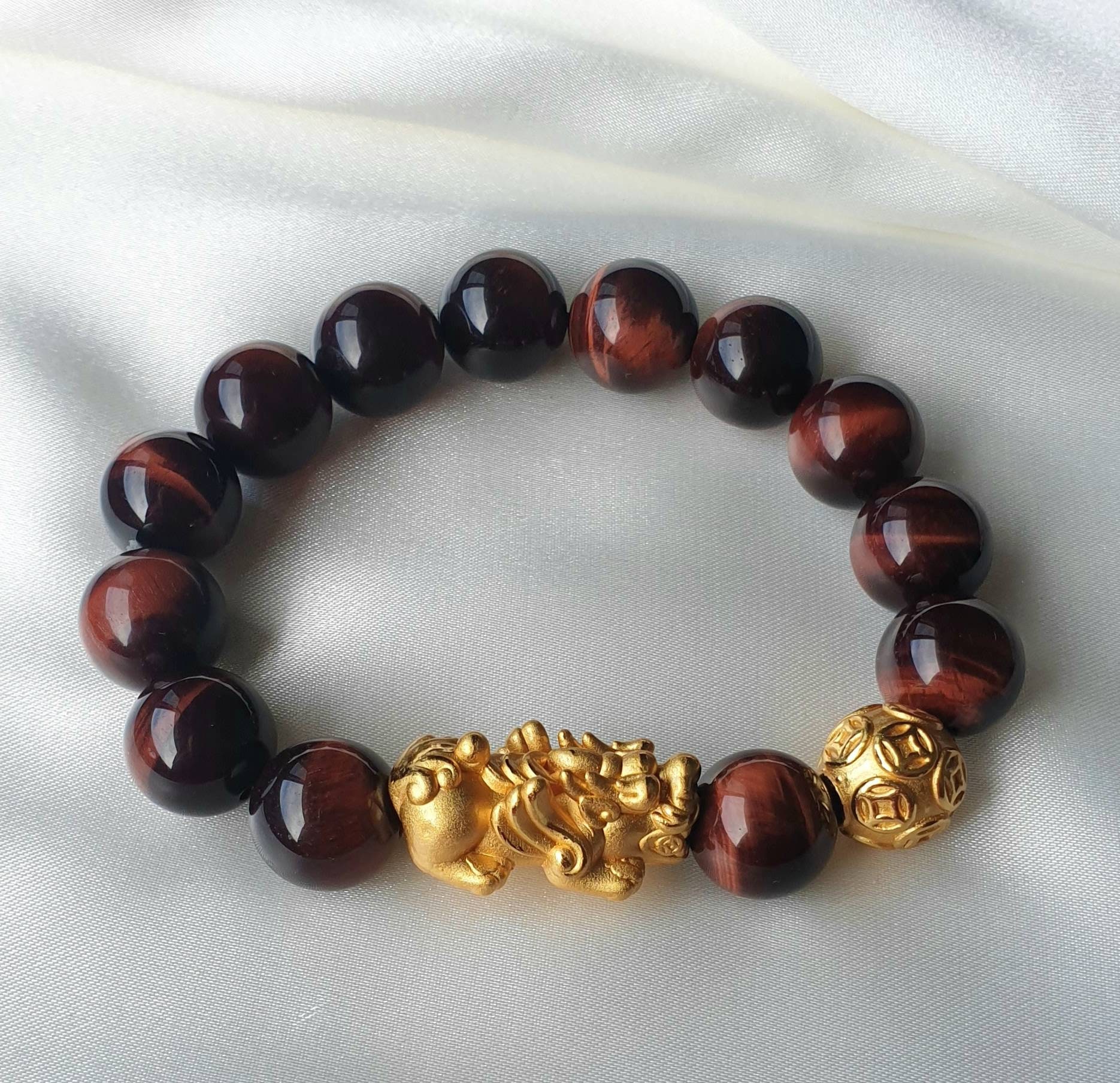 Red Tiger Eye With S999 Silver, Gold Plated Flying Pixiu and