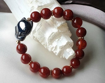 Red Dragon Vein Agate with Terahertz Nine-tailed Fox Fairy Stretchable Beaded Crystal Bracelet