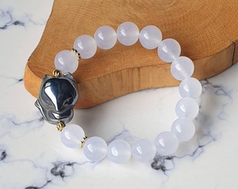 Hetian White Jade with Terahertz Nine-tailed Fox Fairy Stretchable Beaded Crystal Bracelet