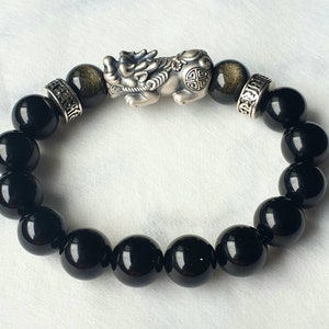 Black and Gold Sheen Obsidian, with S999 Silver Retro Pixiu & S925 Six Mantra Charm Stretchable Beaded Crystal Bracelet