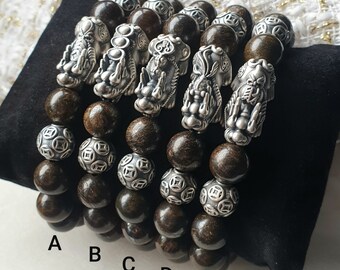 Bronzite with S999 Silver Retro Pixiu and S999 Chinese Coin Ball Charms Bracelet