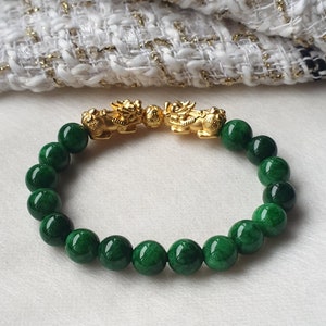 Emerald Jade Green Iron Dragon with Double S999 Silver, Gold Plated Pixiu and Chinese Coin Ball Charm Pixiu Bracelet