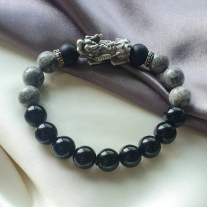 Schwarzer Obsidian, Landkartenjaspis und Onyx mit S999 Silber Retro Skorpion Pixiu Armband
