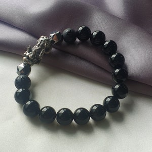 Black Obsidian, Faceted Terahertz and Black Agate Six Mantra with S999 Silver Retro Pixiu Bracelet