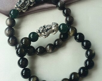 Gold / Silver Sheen Obsidian and Feicui Oil Green Jade