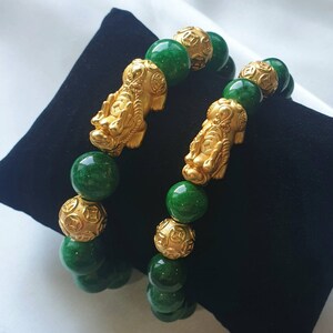 Emerald Jade Green Iron Dragon with S999 Silver, Gold Plated Pixiu & S999 Silver, Gold Plated Chinese Coin Ball Charms Pixiu Bracelet