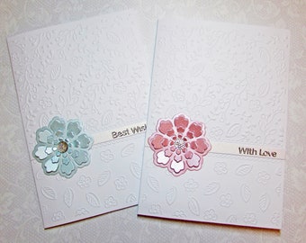 Greeting cards, Notecards, set of 2, die cut flowers, blank card, handmade, card and envelope, stationary, silver greeting, embossed card