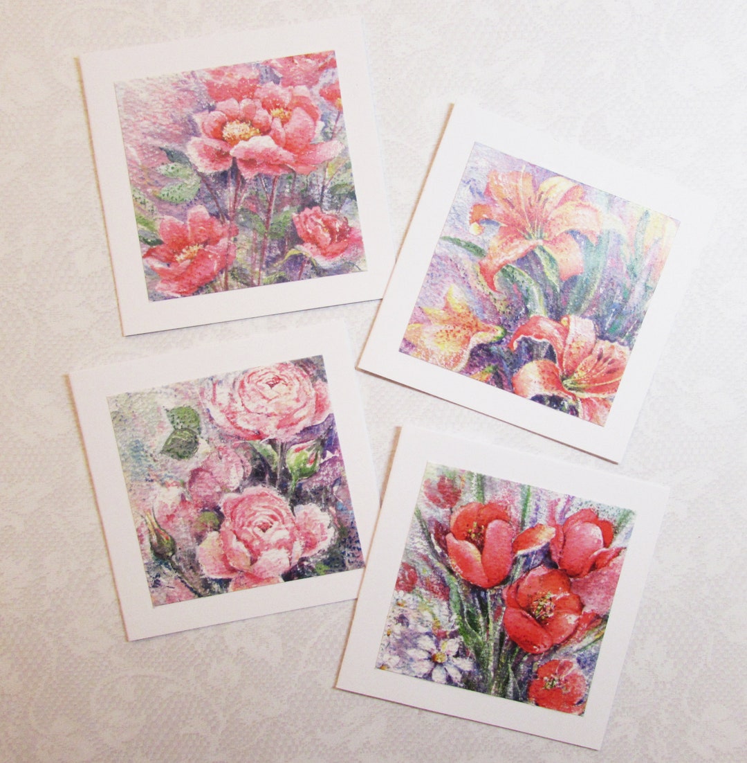 Notecards, Set of 4, Floral Greeting Card, Gift Tag, Blank Card, Floral ...