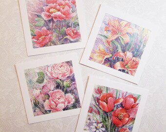 Notecards, set of 4, floral greeting card, gift tag, blank card, floral card, handmade, square card, cards and envelope, 4x4 card, flower