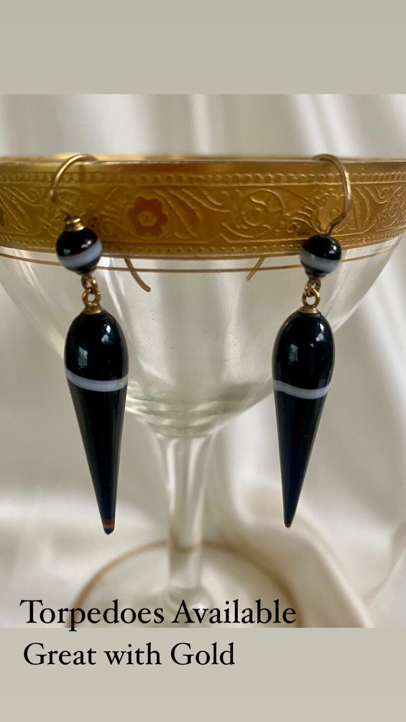 Antique Victorian Banded Agate Torpedo Earrings With 14k Gold Findings