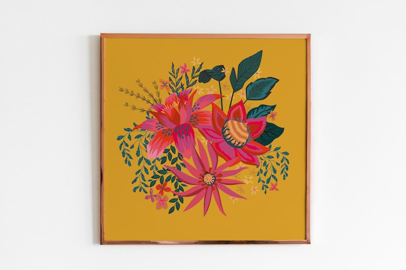 Yellow Flower Illustration 12x12 Square print. New Home Gift Bright Botanical Wall Art Colourful Floral Home Decor Gallery Wall