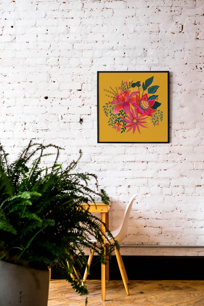 Yellow Flower Illustration 12x12 Square print. New Home Gift Bright Botanical Wall Art Colourful Floral Home Decor Gallery Wall