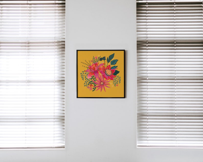Yellow Flower Illustration 12x12 Square print. New Home Gift Bright Botanical Wall Art Colourful Floral Home Decor Gallery Wall