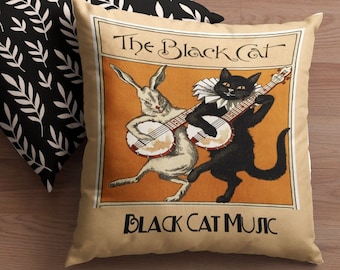 Black Cat Pillow, Cat Decor Pillow, Vintage Cat Pillow, Black Cat Music Pillow, Gift for Cat Lovers, Cat Lovers, Music Cat, Funny Banjo Cat