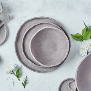 Rustic Gray Ceramic Dinnerware Set for Food Photography – Unglazed Matte Surface – Includes Salad Bowl & Plates