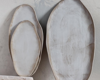 Set of 3 Oval Ceramic Serving Platters, Handmade Stoneware, Rustic White Platters