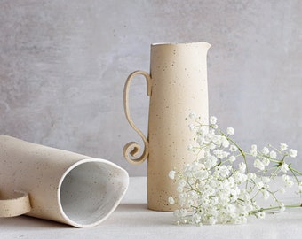 Ivory dotted pitcher, Beige ceramic jar for modern kitchens, Matte off white pitcher for still life photography