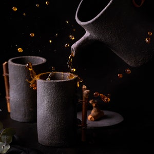 Handmade Black Stoneware Teapot & Cups Set: Rustic Food Photography Props