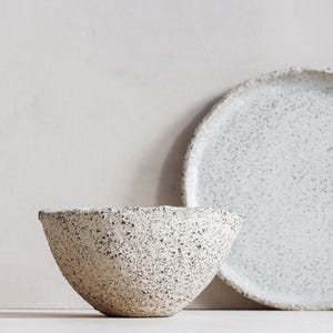 Handmade Rustic Ceramic Dinner Set – Textured White Stoneware Plates & Bowl – Artisan Pottery Dinnerware