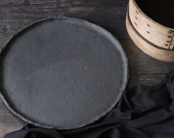 Large round serving platter, Handmade black pizza board, Pizza dish for food photography, Pizza serving plate, Matte black serving dish