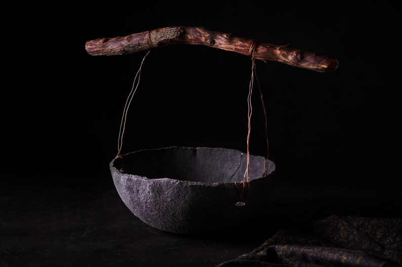 Stoneware bowl with wood handle, Rustic ceramic fruit bowl for kitchen decor, Handcrafted large bowl with copper and wood image 7