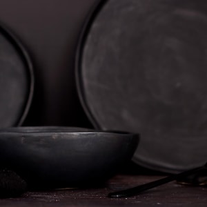 Handmade Black Matte Ceramic Dinnerware Set – 3 Piece Stoneware Plates & Bowl – Rustic Minimalist Tableware for Daily Use or Photography