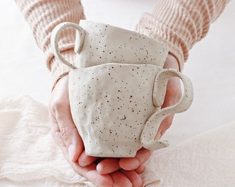 Beige matte teacup with plate, Speckled coffee mug with saucer, Teacup and saucer, Handmade ceramic cup and saucer set, Breakfast set