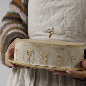 Handmade Ceramic Butter Dish with Floral Lid & Copper Handle - Includes Spatula