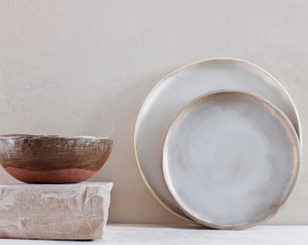 Handmade stoneware dinnerware set: ceramic plates and bowl, 3 piece set