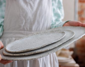Large Oval Ceramic Serving Platter Set, Handmade Rustic Stoneware Plates