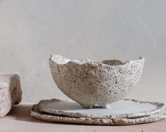 Handmade stoneware dinnerware set: sculptural ceramic plates, 3 piece set