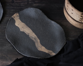 Marbled stoneware platter for rustic decor, Black ceramic tray for rustic kitchen decor, Matte stoneware platter for interior designers