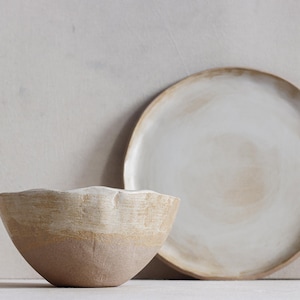 Handmade Ceramic Dinnerware Set – 3 Piece Rustic Stoneware Plates and Bowl, Artisan Matte White Glaze, Customisable Set