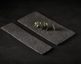 Snack board set of 2, Rectangular serving boards, Serving platter set with matte finish, Black stoneware trays, Live edge serving trays